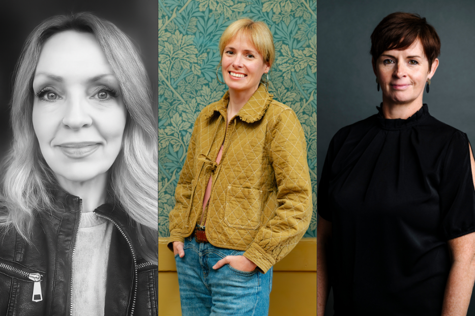 Three headshots of the people appointed to new roles at Arts Council of Wales